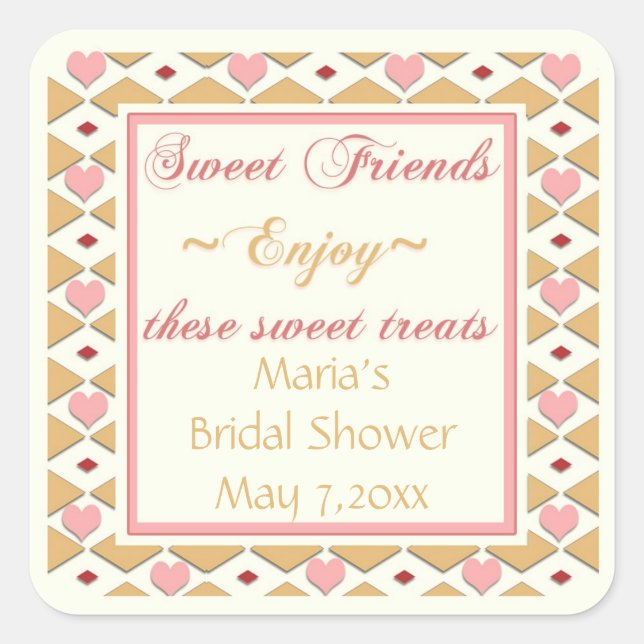 Adesivo Quadrado Corações Dourados Cor-de-rosa Ouros Doces (Frente)