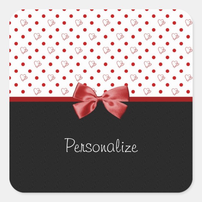 Adesivo Quadrado Corações e Bolinhas Girly com Nome (Frente)