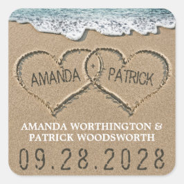 Adesivo Quadrado Corações no Favor do Casamento da Praia da Areia