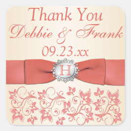 Adesivo Quadrado Coral, Champagne Floral Weding Favor Sticker
