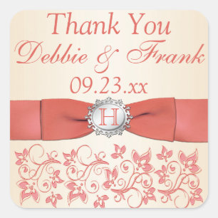Adesivo Quadrado Coral, Champagne Floral Weding Favor Sticker