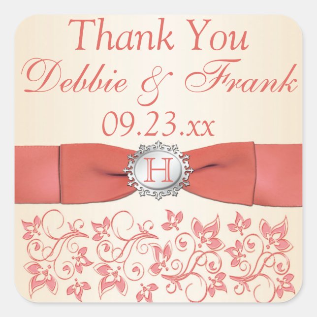 Adesivo Quadrado Coral, Champagne Floral Weding Favor Sticker (Frente)