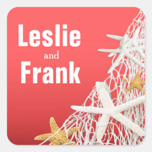 Adesivo Quadrado Coral do favor   do casamento de praia da rede da