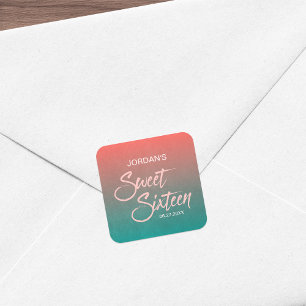 Adesivo Quadrado Coral e Teal Gradient Doce 16 Aniversário