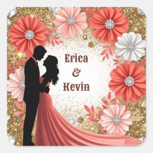 Adesivo Quadrado 💍 Coral Floral Dourado Noivado Casal 💍