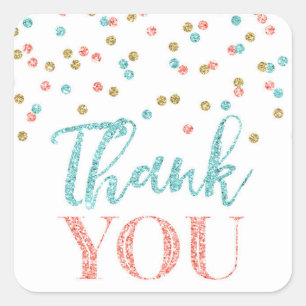 Adesivo Quadrado Coral Teal Dourado Confetti Obrigado Favor Sticker