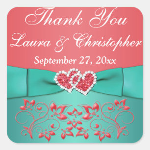 Adesivo Quadrado Coral, Teal Floral, Coração 1,5" Sq. Favor de Casa