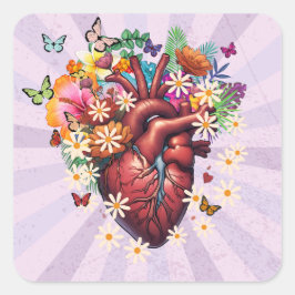 Adesivo Quadrado Corazon vintage entre flores e mariposas.
