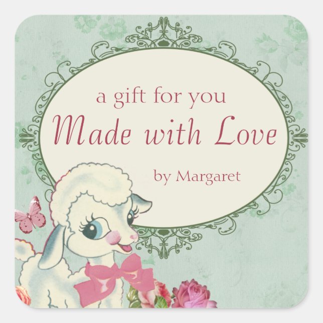 Adesivo Quadrado cordeiro fofo de ovelha tricô crochê bebê costura (Frente)