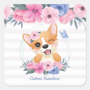 Adesivo Quadrado Corgi Cachorro Cachorro Flor Vermelhidão Borbolet