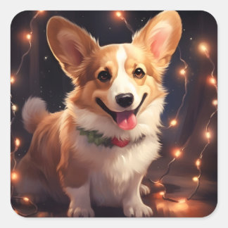 Adesivo Quadrado Corgi Christmas Lights