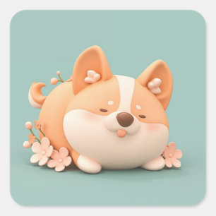 Adesivo Quadrado Corgi de Argila Dormindo com Flor de Cor-de-Rosa