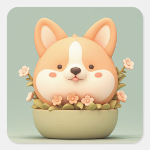 Adesivo Quadrado Corgi de Argila Fofa em Vaso de Flores Pastel