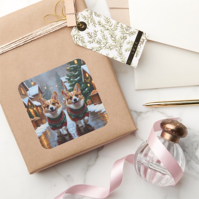 Adesivo Quadrado Corgi Dogs Christmas Snow Holiday (Presentear)