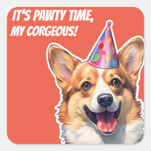 Adesivo Quadrado Corgi, é hora da Festa de aniversário.