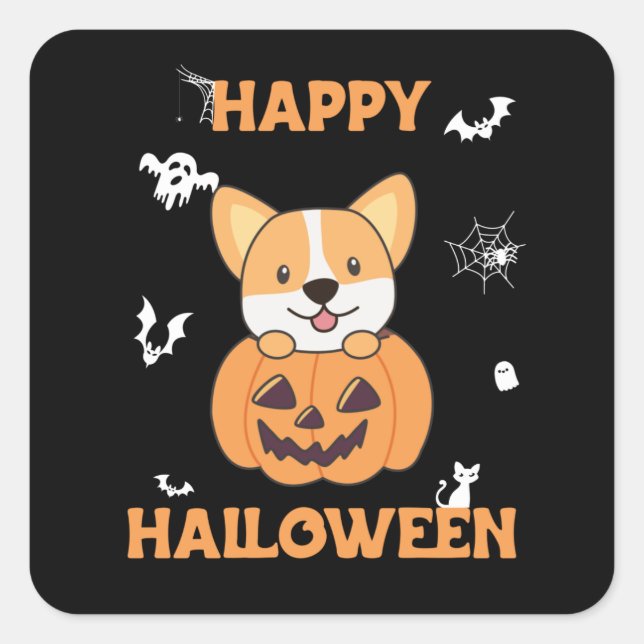 Adesivo Quadrado Corgi Em Cachorros De Abóbora Feliz Halloween (Frente)