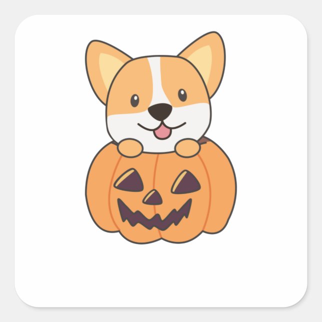 Adesivo Quadrado Corgi Em Cachorros De Abóbora Feliz Halloween (Frente)