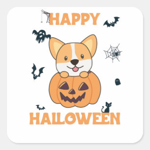 Adesivo Quadrado Corgi Em Cachorros De Abóbora Feliz Halloween