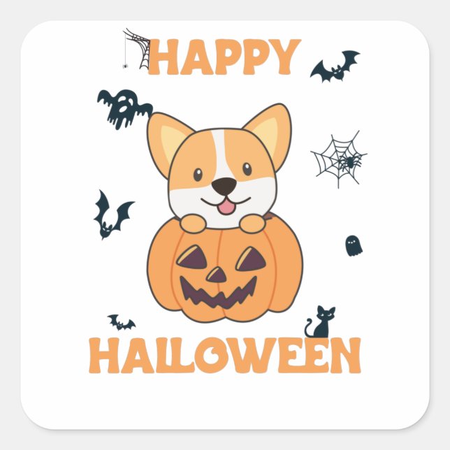 Adesivo Quadrado Corgi Em Cachorros De Abóbora Feliz Halloween (Frente)