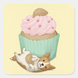 Adesivo Quadrado Corgi galês e arte de ilustração de Cupcakes
