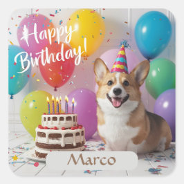 Adesivo Quadrado Corgi Happy Birthday