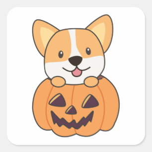 Adesivo Quadrado Corgi Na Praça das Bruxas Feliz De Halloween
