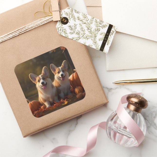 Adesivo Quadrado Corgi Puppy Autumn Delight Pumpkin (Presentear)