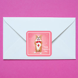 Adesivo Quadrado Corgi Segurando um Coração Feliz Dia dos Namorados