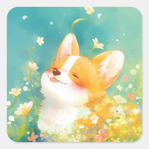 Adesivo Quadrado Corgi Sonhador Rodeado de Flores