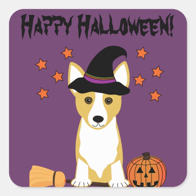 Adesivo Quadrado Corgi Witch Halloween Stickers (Frente)