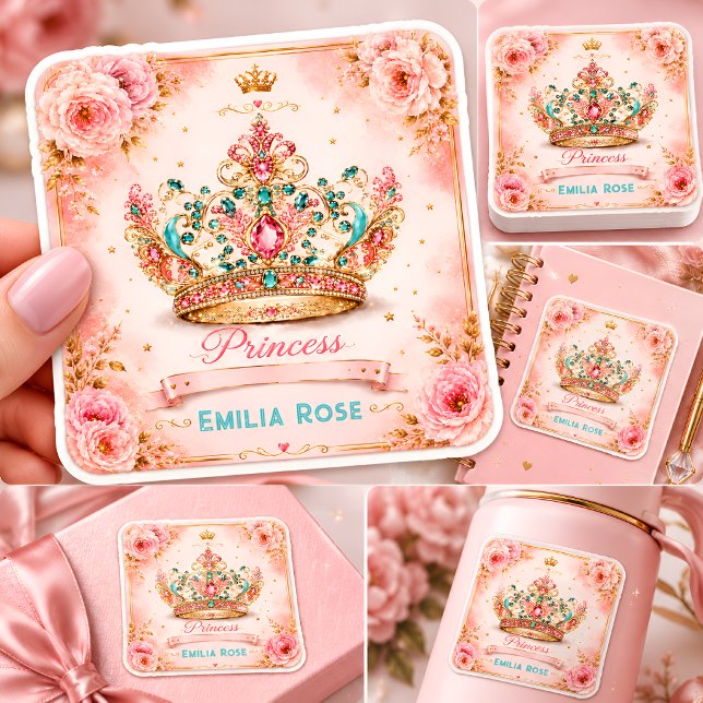 Adesivo Quadrado Coroa de Aniversário da Princesa (Criador carregado)
