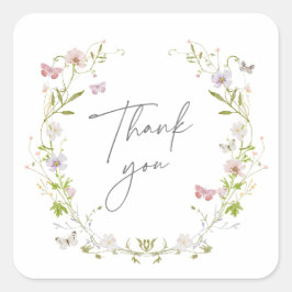 Adesivo Quadrado Coroa de Borboleta de Flor Silvestre Obrigado