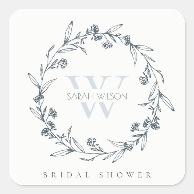 Adesivo Quadrado Coroa de Monograma Floral Chic para Chá de Noiva (Frente)