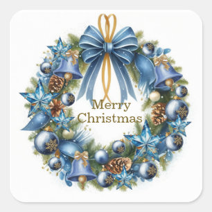Adesivo Quadrado Coroa de Natal Azul e Dourada