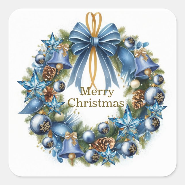 Adesivo Quadrado Coroa de Natal Azul e Dourada (Frente)