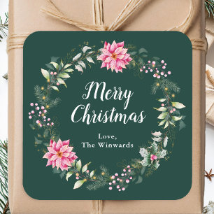 Adesivo Quadrado Coroa de Natal de Poinsettia Rosa Feliz Natal