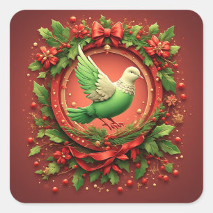 Adesivo Quadrado Coroa de Natal Festiva Com Pombo Verde