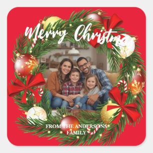 Adesivo Quadrado Coroa de Natal Foto Personalizada Família N