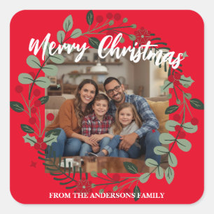 Adesivo Quadrado Coroa de Natal Foto Personalizada Família N