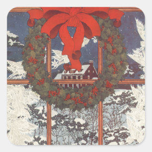 Adesivo Quadrado Coroa de Natal Vintage em uma Janela com Neve