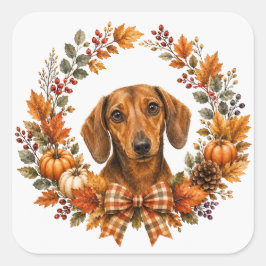 Adesivo Quadrado Coroa de Outono de Dachshund