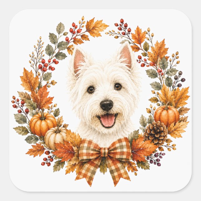 Adesivo Quadrado Coroa de Outono Westie (Frente)