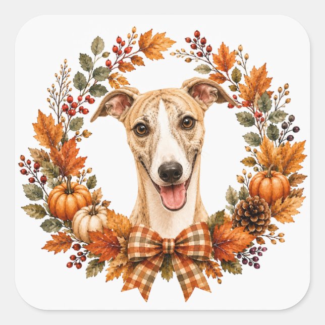 Adesivo Quadrado Coroa de Outono Whippet (Frente)