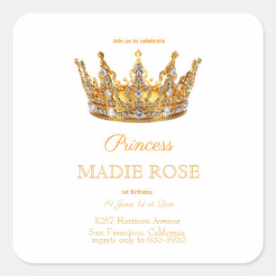Adesivo Quadrado Coroa de Princesa Dourada Conto de Fadas Aniversár