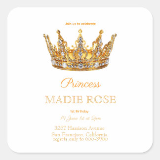 Adesivo Quadrado Coroa de Princesa Dourada Conto de Fadas Aniversár
