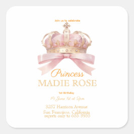 Adesivo Quadrado Coroa de Princesa Rosa Conto de Fadas Aniversário