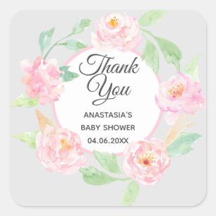 Adesivo Quadrado Coroa Floral Cinza e Rosa Claro Obrigada Chá de Be