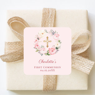 Adesivo Quadrado Coroa floral de rosa First Communion