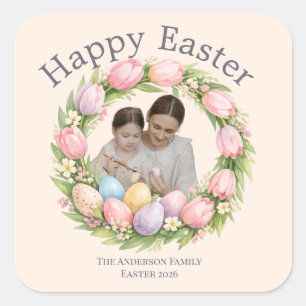 Adesivo Quadrado Coroa Floral e Foto da Família Páscoa Personalizad