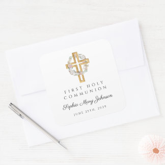Adesivo Quadrado Coroa Floral Elegante Cruz Menina Primeira Comunhã